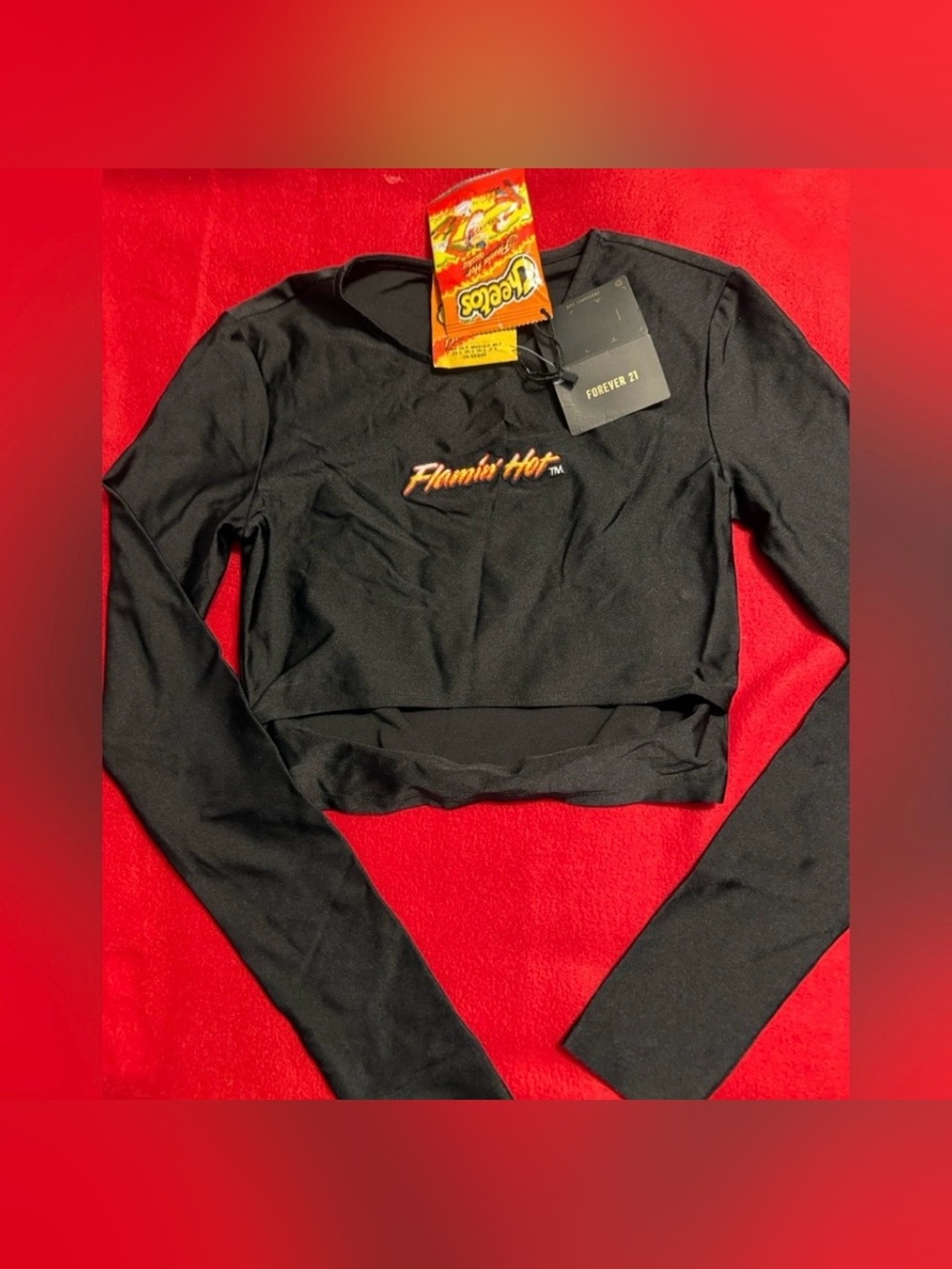 Forever 21 Black Long-Sleeve Flamin' Hot Crop Top
